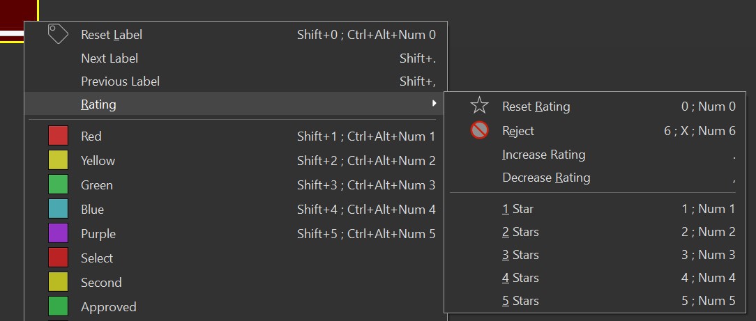 A screen shot of the rating and label menu.