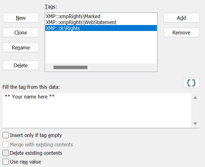 A screen shot of the Metadata Template editor, showing how to fill tags from text and/or variables.