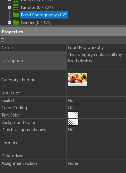 This is a screen shot of the Categories View, with a category selected and it's properties visible in the category properties editor.