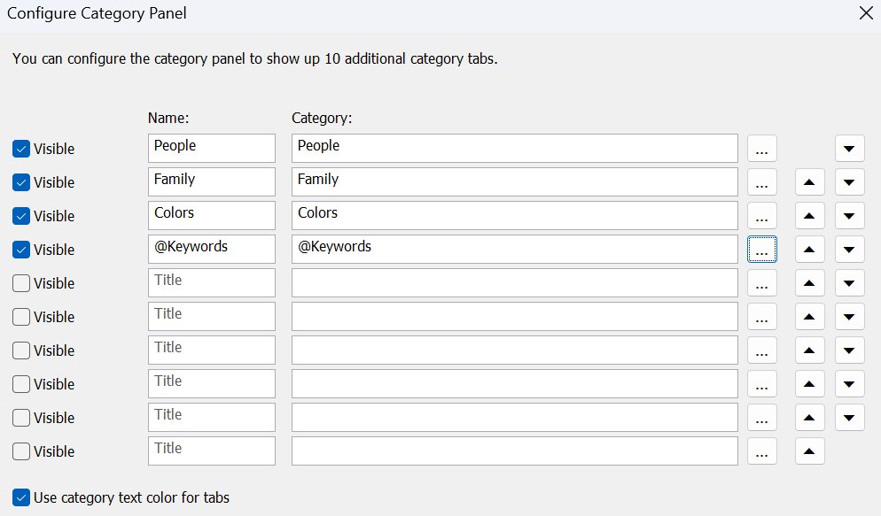 ^Screen shot of the Categories Panel configuration dialog.