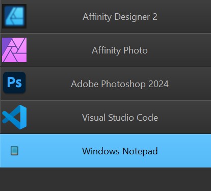 Favorites for opening files in external applications. In this screen shot there are favorites for Affinity Designer, Affinity Photo, Adobe Photoshop, Visual Studio Code and Windows Notepad.