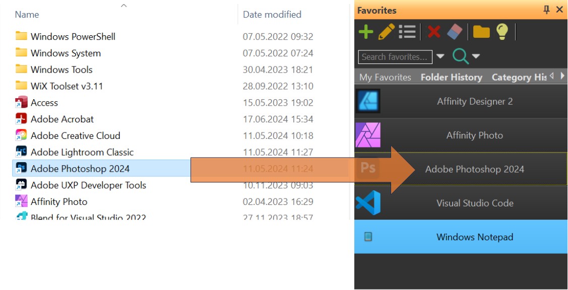 A graphic visualizing how to create Application Favorites via drag & drop from Windows Explorer.