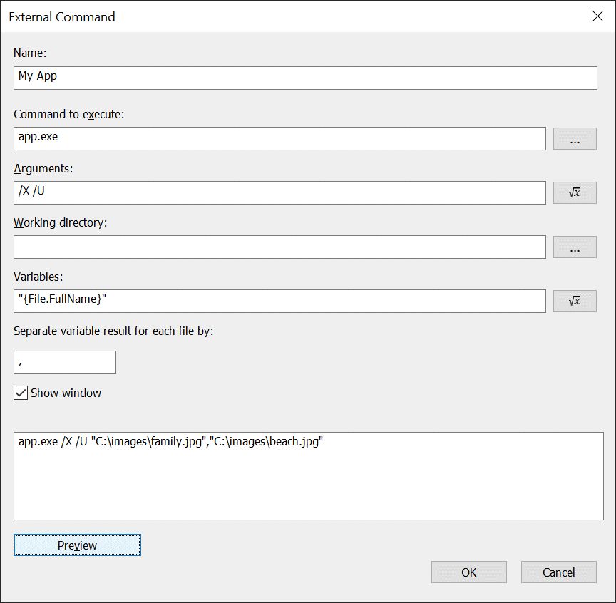 The External Command dialog box specifies the command to run, the arguments to provide to the external program and several additional options to control the command.