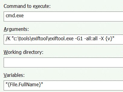 Screen shot of an example configuration for running ExifTool using the Windows cmd.exe shell application.