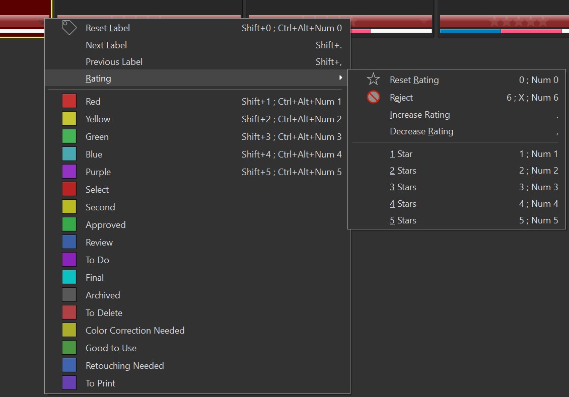 The full rating & label menu accessible via the Rating & Label Bar in File Windows.