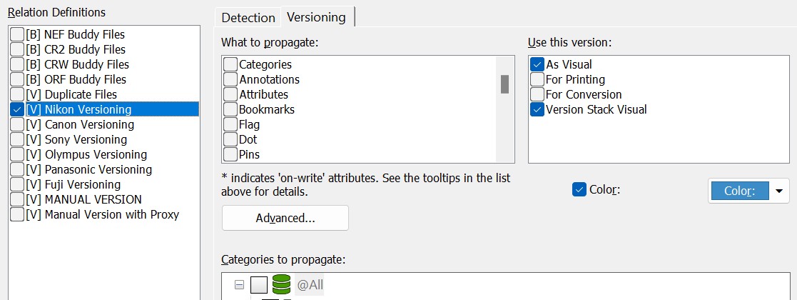 A screen shot of the Versioning tab in the File Relations configuration dialog.