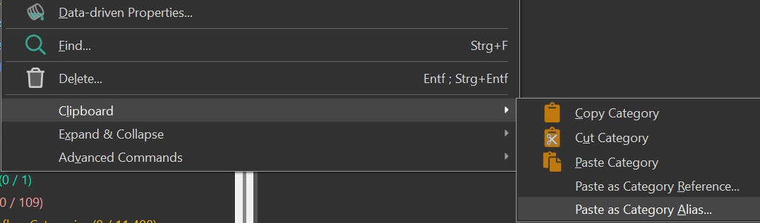 Copying and pasting categories via these commands in the context menu.