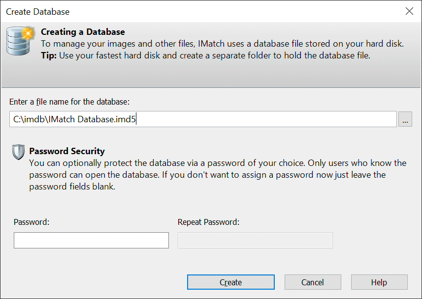 Database Creation dialog screen shot