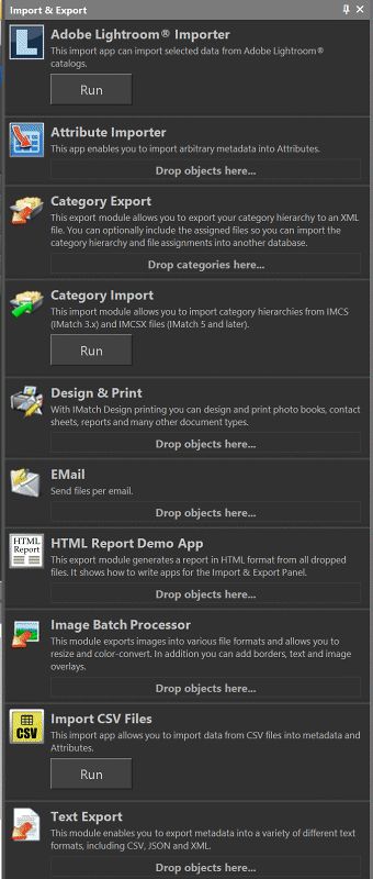 A screen shot of the IMatch Import & Export Panel, presenting the wide variety of import and export modules available in IMatch.