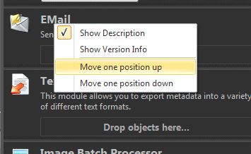 The context menu in the Import & Export Panel allows users to re-arrange modules to their liking.