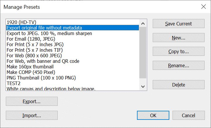 A screen shot of the IMatch Import & Export Preset Manager. Users can create and recall presets for each import & export module offered by IMatch.