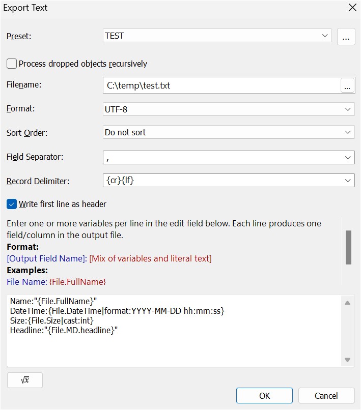 A screen shot of the Export Text feature in IMatch. It allows to export data into text, JSON and XML files.