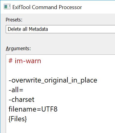 Including the special #warn token in a ExifTool Command Processor preset triggers a warning when you execute this preset.