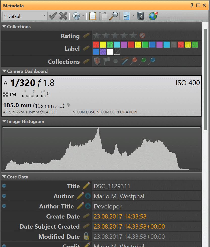 A screen shot of the Metadata Panel in IMatch, with the dashboard, collections and histogram showing.