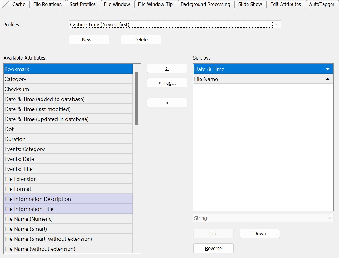 The Sort Profiles configuration dialog.