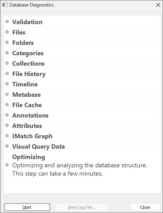 The database diagnostics dialog.