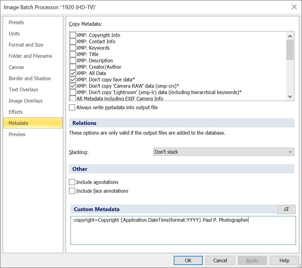 A screen shot of the Metadata tab in the IMatch Batch Processor. Here users can control if and which metadata is copied to the output images. Being selective is important for privacy.