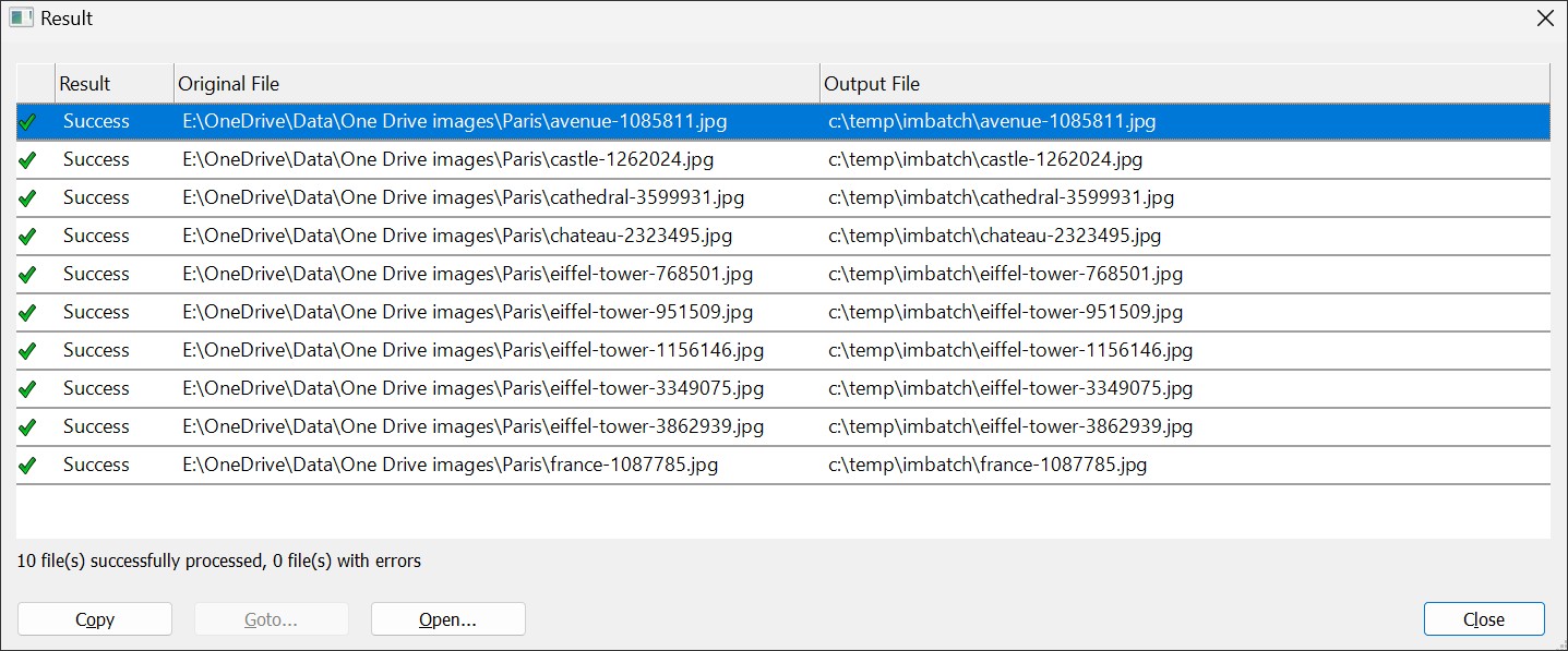 A screen of the Batch Processor results dialog. It lists the source and output file names, highlights image files with problems and enables the user to open the output folder.