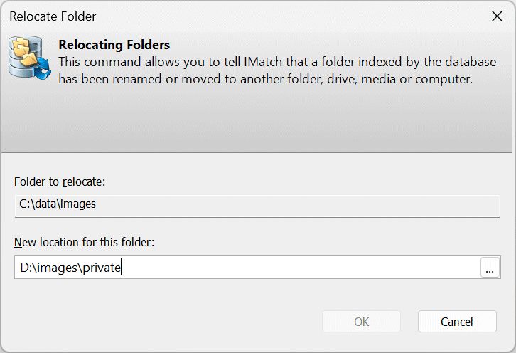 A screen shot of the Relocate Folder dialog in IMatch.