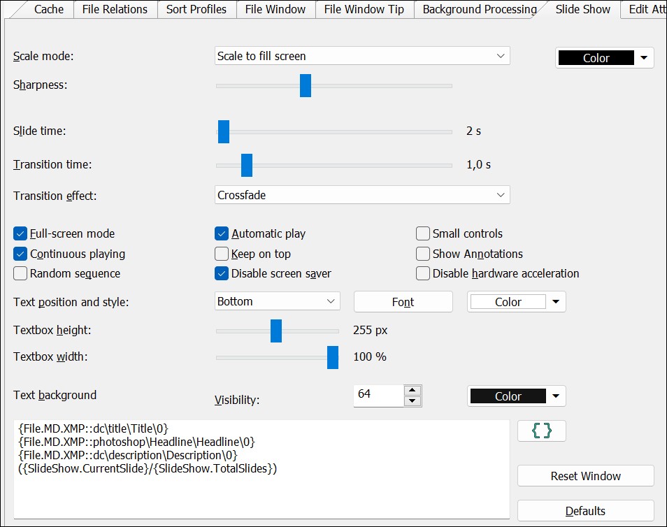 Slide Show configuration dialog.