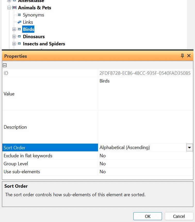 Displaying element properties in the Thesaurus Manager.