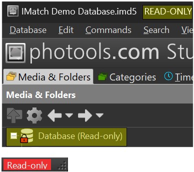 Screen shot of IMatch user interface elements indicating a database opened in read-only mode.