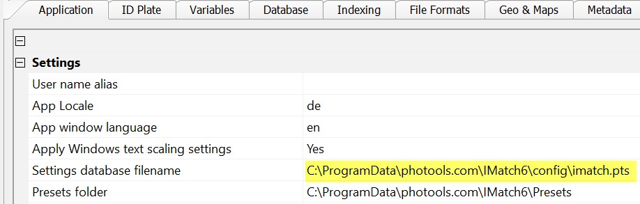 The settings database property in the Application Preferences.