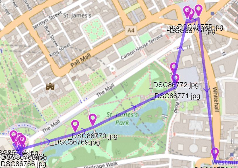 The IMatch Map Panel displaying a file route automatically generated by IMatch from file GPS coordinates and timestamps.