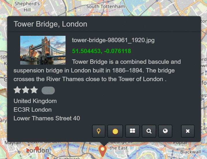 A screen shot of the file info panel, displaying a thumbnail, coordinates, location data and a ribbon with command buttons.