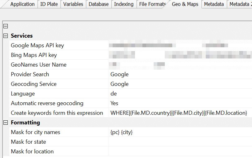 The Geo & Maps configuration dialog in IMatch.