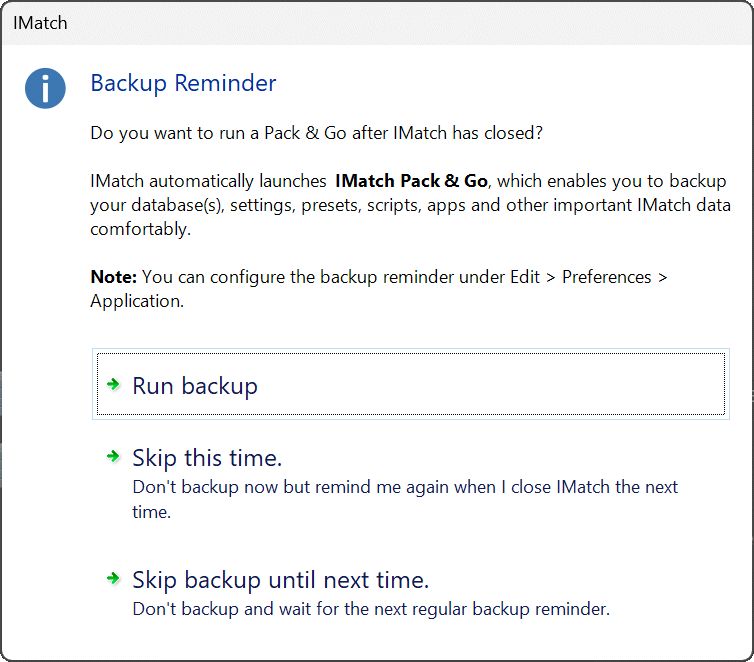 A screen shot of the IMatch backup reminder message.