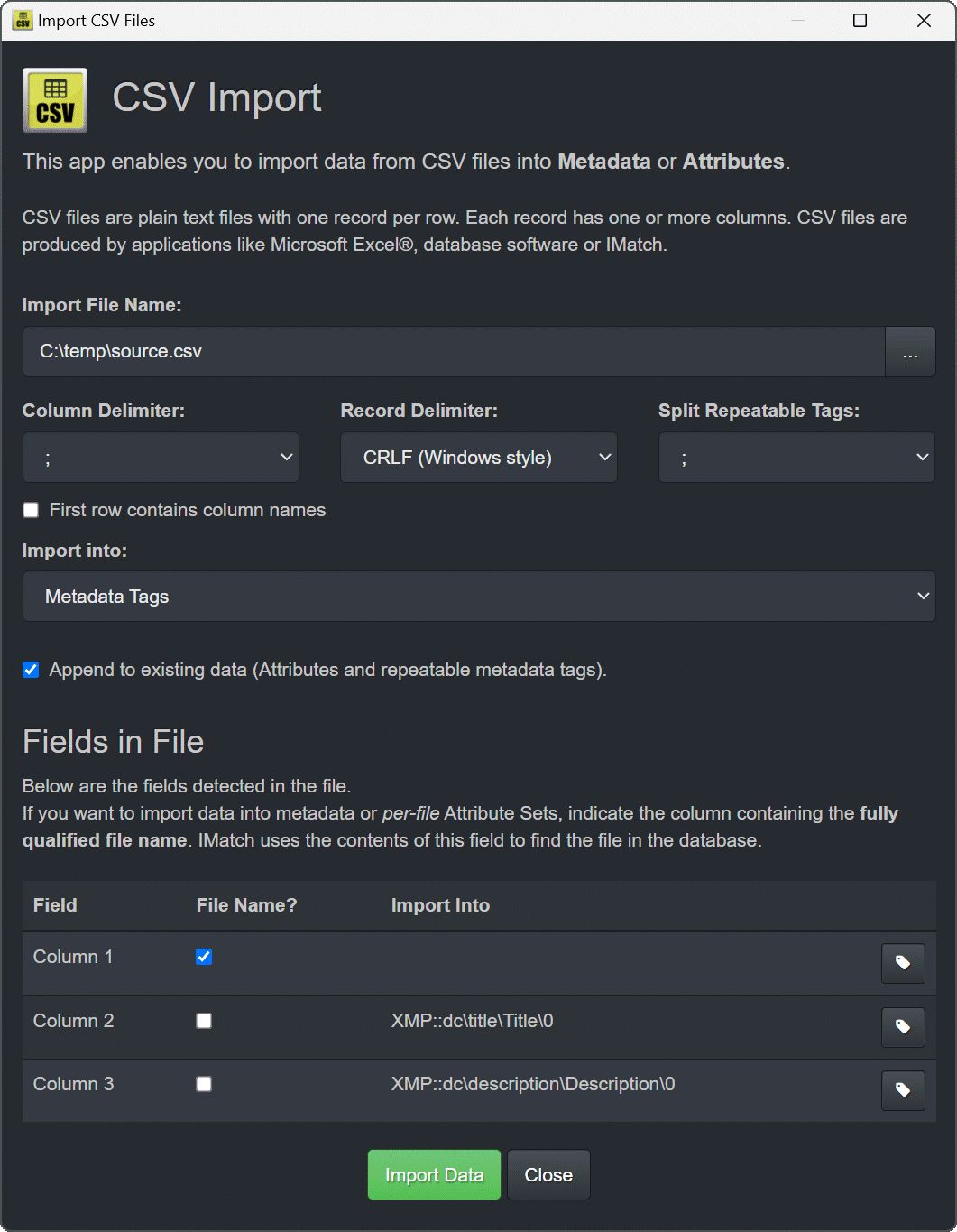 A screen shot of the IMatch CSV File Import module. It enables users to import text from CSV files into metadata tags and IMatch Attributes.