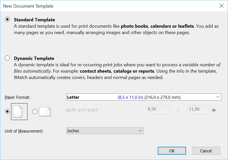 The New Document template dialog box.