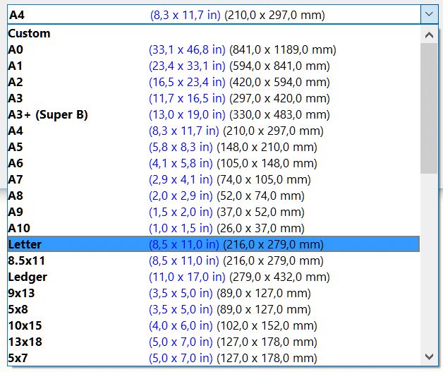 Selecting a pre-defined paper size in this dialog.