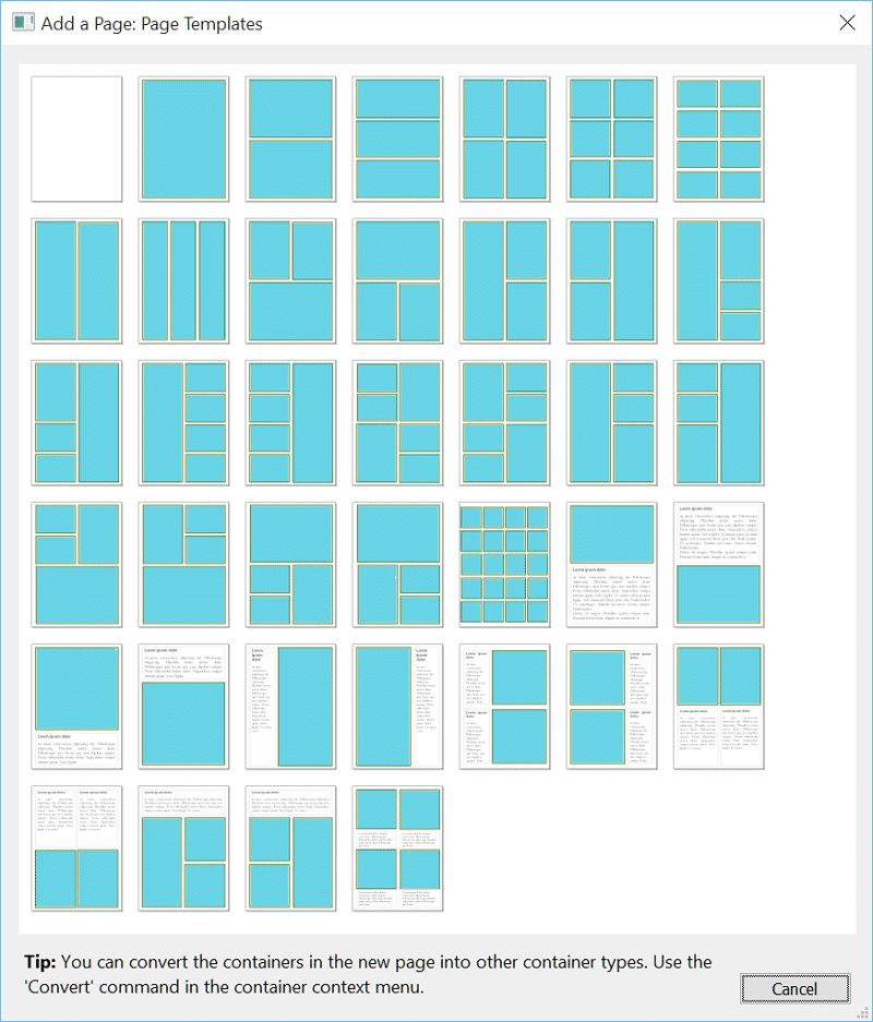 An overview of the many pre-designed page templates in IMatch Design & Print