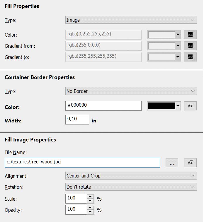 A screen shot of the properties window for fill, border and fill image properties.