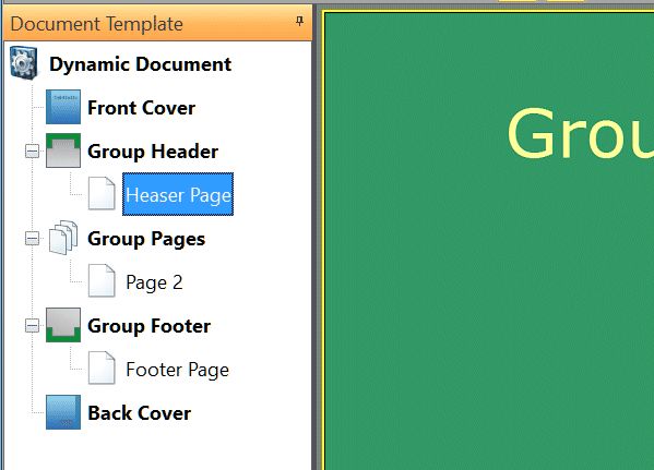 A screen shot of the page tree after adding a group header and group footer page.