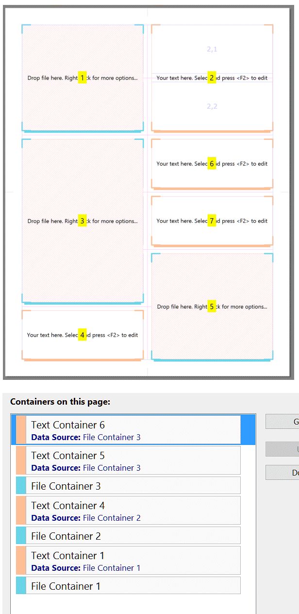 A screen shot of the Designer while setting data sources for containers and the corresponding container list.