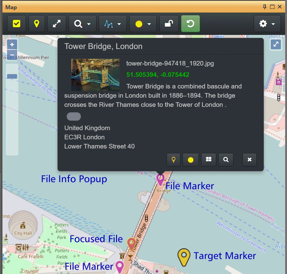 A screen shot of the IMatch Map Panel, showing the important features like the target and file marker.