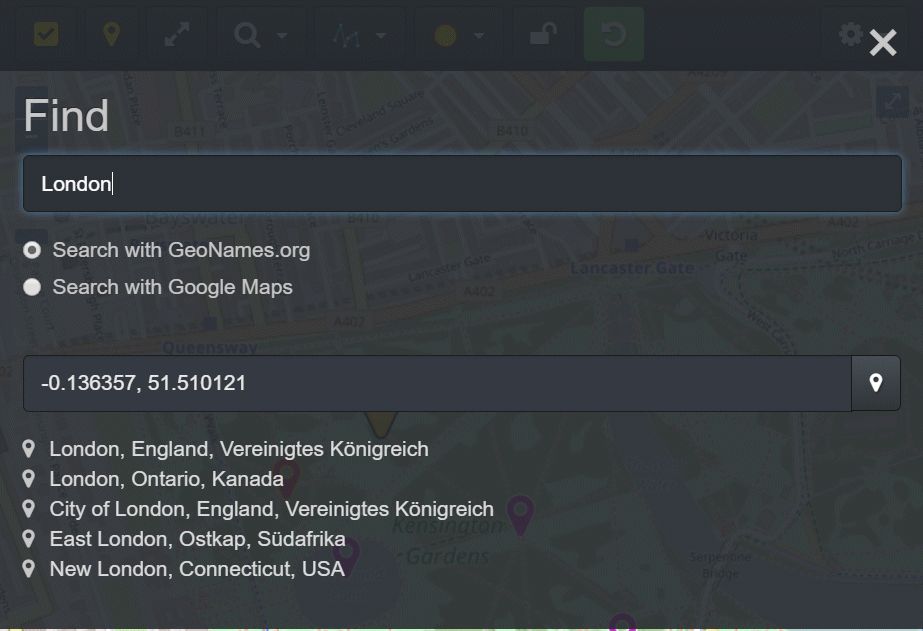 A screen shot of the Map Panel Find Location dialog. Here the user can search for places and locations.