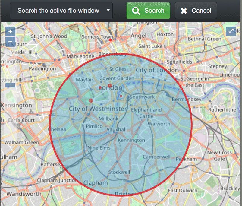 A screen shot of the circle the user has drawn on the map to find all files within the area covered by the circle.