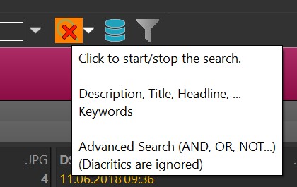 The tooltip of the search options button lists the currently active tag groups and search options for reference.