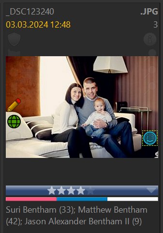 A thumbnail panel in an IMatch File Window showing the 'has face annotation' icon and information about the persons in the image.