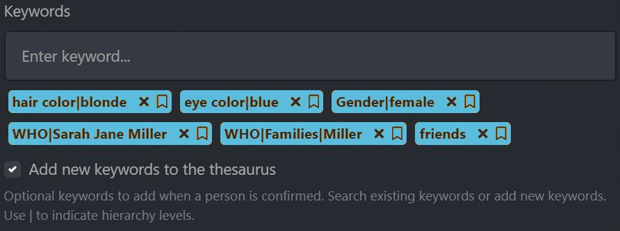 The keywords you have assigned to a person are listed in the Person Editor.