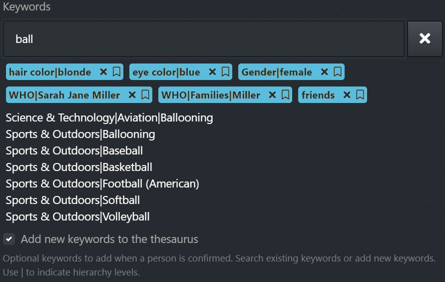 Adding keywords in the Person Editor (screen shot).