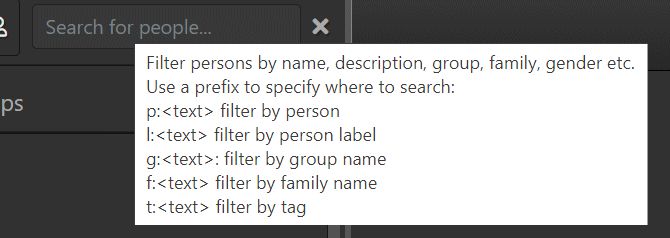 The tooltip of the search field lists all available prefixes.