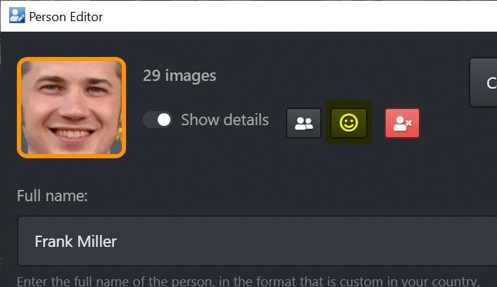 Editing the faces of a person in the Face Manager.