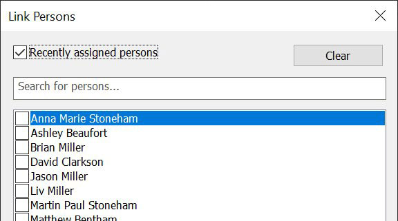 The Link Persons dialog set to show only recently assigned persons.