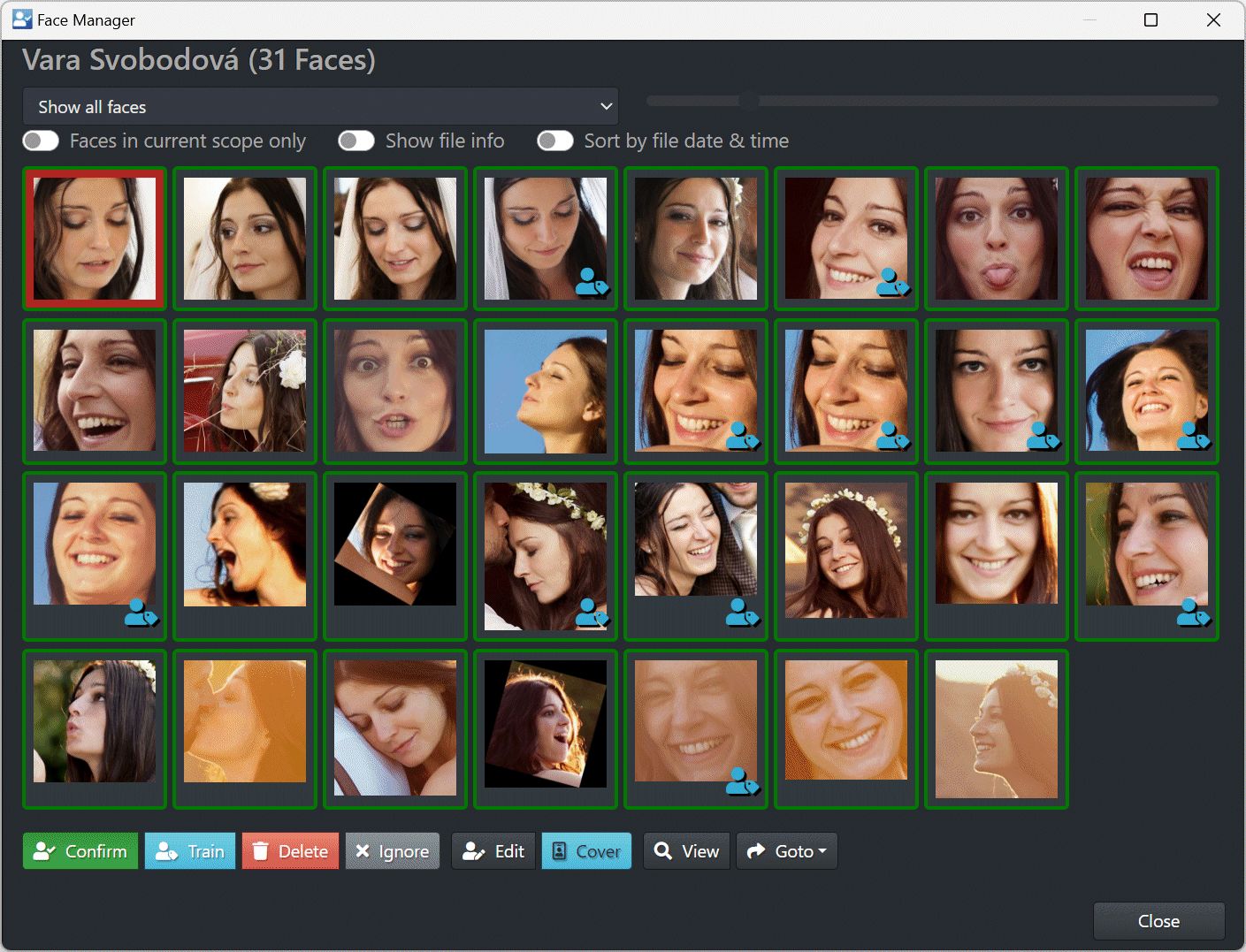 A screen shot of th IMatch Face Manager with the person Vara selected. The Face Manager currently shows all face annotations for Vara.