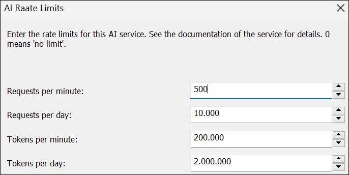 Rate limit dialog for setting OpenAI rate limits for the IMatch AutoTagger.